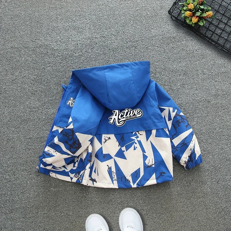 Boys Hooded Windbreaker Jacket Spring Autumn Fashion Geometric Print Splicing Coat 4-12 Years Kids Looes Sports Outerwear