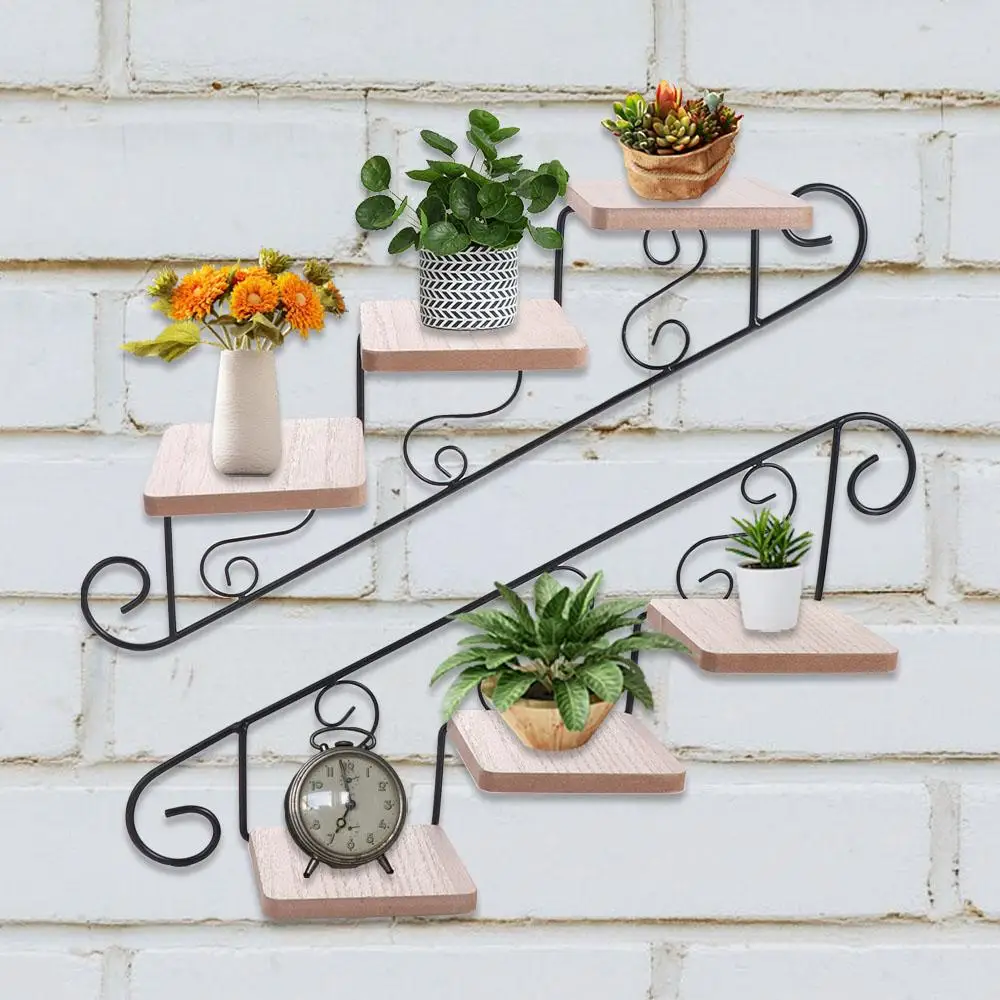 American Style Wall-mounted Flower Stand Staircase Shape Iron Art Wall Display Shelf Simple Wall Hanging Flower Pot Living Room