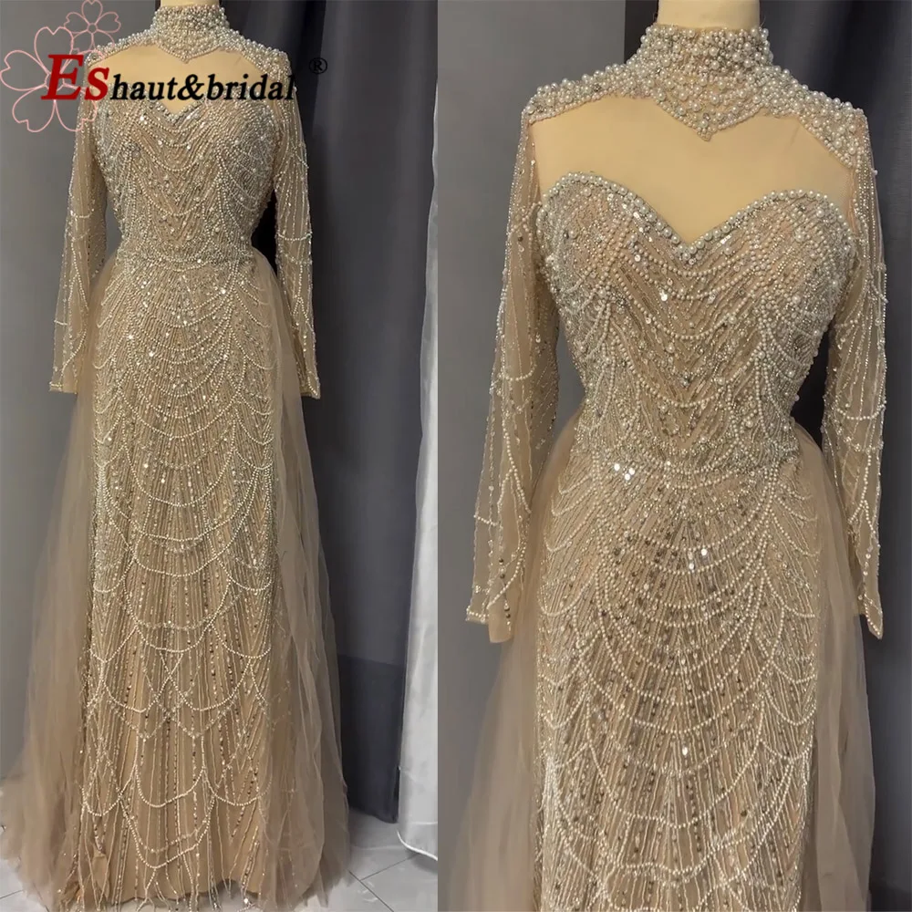 

Elegant Mermaid Pearls Evening Dress for Women 2025 with Detachable Skirt Long Sleeves Formal Prom Wedding Party Gown Customized