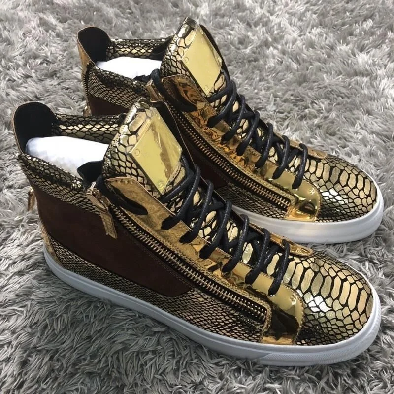 

Gold Snakeskin Pattern High Top Sneakers Men Lace-up Flats Luxury Designer Vulcanized Shoes Breathable Mens Casual Sneaker