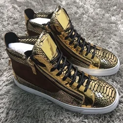 Gold Snakeskin Pattern High Top Sneakers Men Lace-up Flats Luxury Designer Vulcanized Shoes Breathable Mens Casual Sneaker