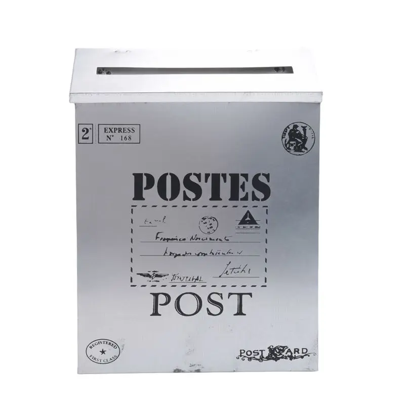 A7THK-Post Letter Box Antique Metal Mailbox Rust Resistant Mail Holder Fit For Outside Silver