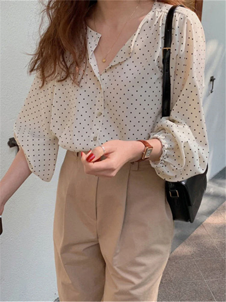 BL3061 New 2023 Fashionable Elegant Office Lady Buttons Oversize Dot Korean Style Wild Spring Summer Women\'s Blouses Shirts Tops