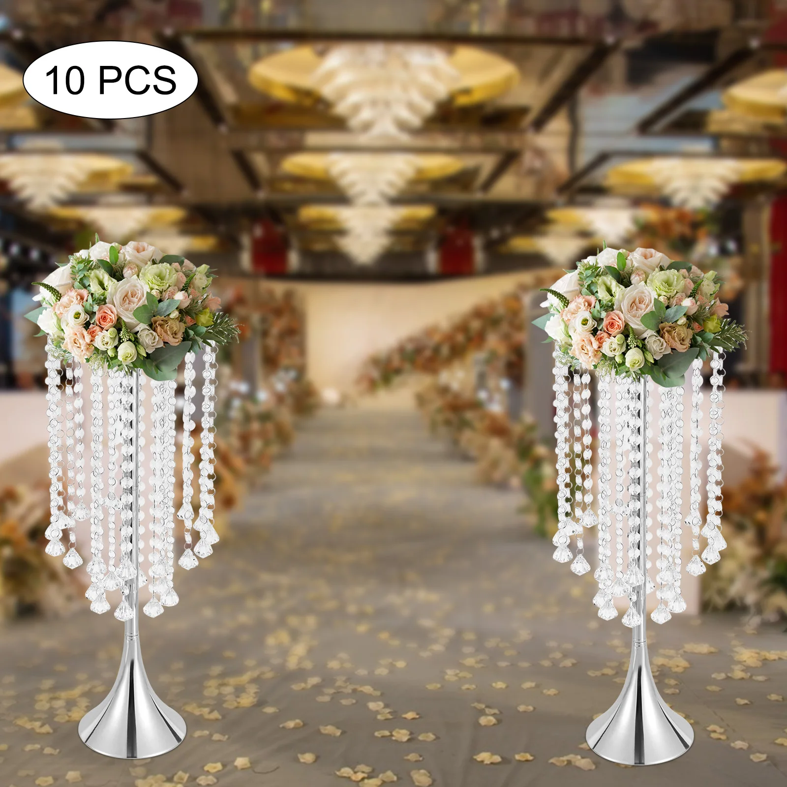 10Pcs Wedding Centerpieces Props Flower Stand on Floor Luxurious Crystal Tall Metal Flower Arrangement Stand Trumpet Vase 21.9