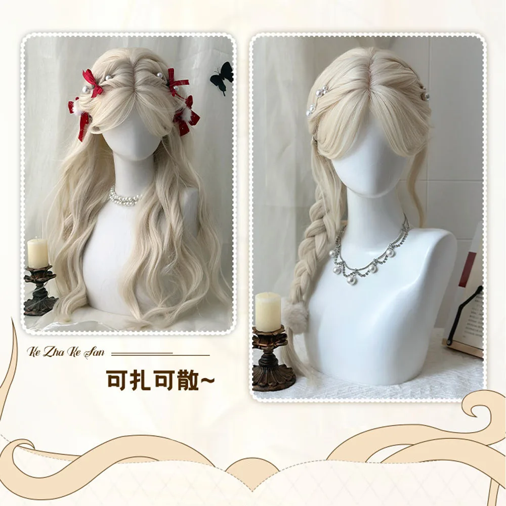 Long Blonde Wavy Synthetic Wigs with Bangs Lolita Cosplay Blonde Halloween Natural Wave Hair Wigs for White Women Heat Resistant