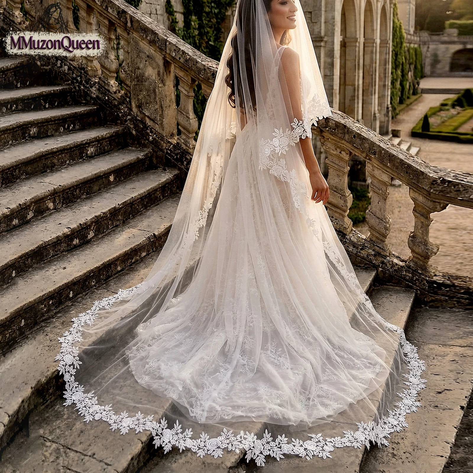TOPQUEEN Mantilla De Novia Velo Lace Wedding Veil 3M Long Church-Style Lace Embroidered Bridal Veil No Comb Customizable V327