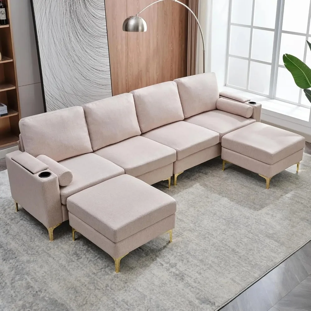 

115" Sectional Couch with Storage, U-Shaped Convertible Sofa with Movable Storage Ottomans,Modern Linen 6 Seater Sofa Set