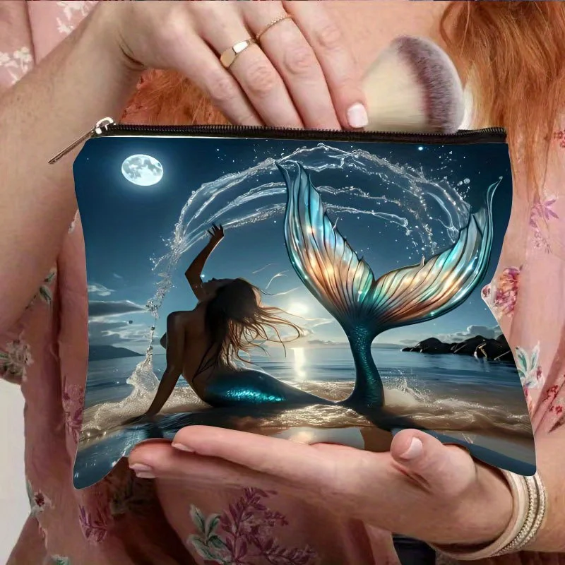 인어 패턴 메이크업 가방 - 여성용 귀여운 다기능 지퍼 파우치, 보석 보관 가방