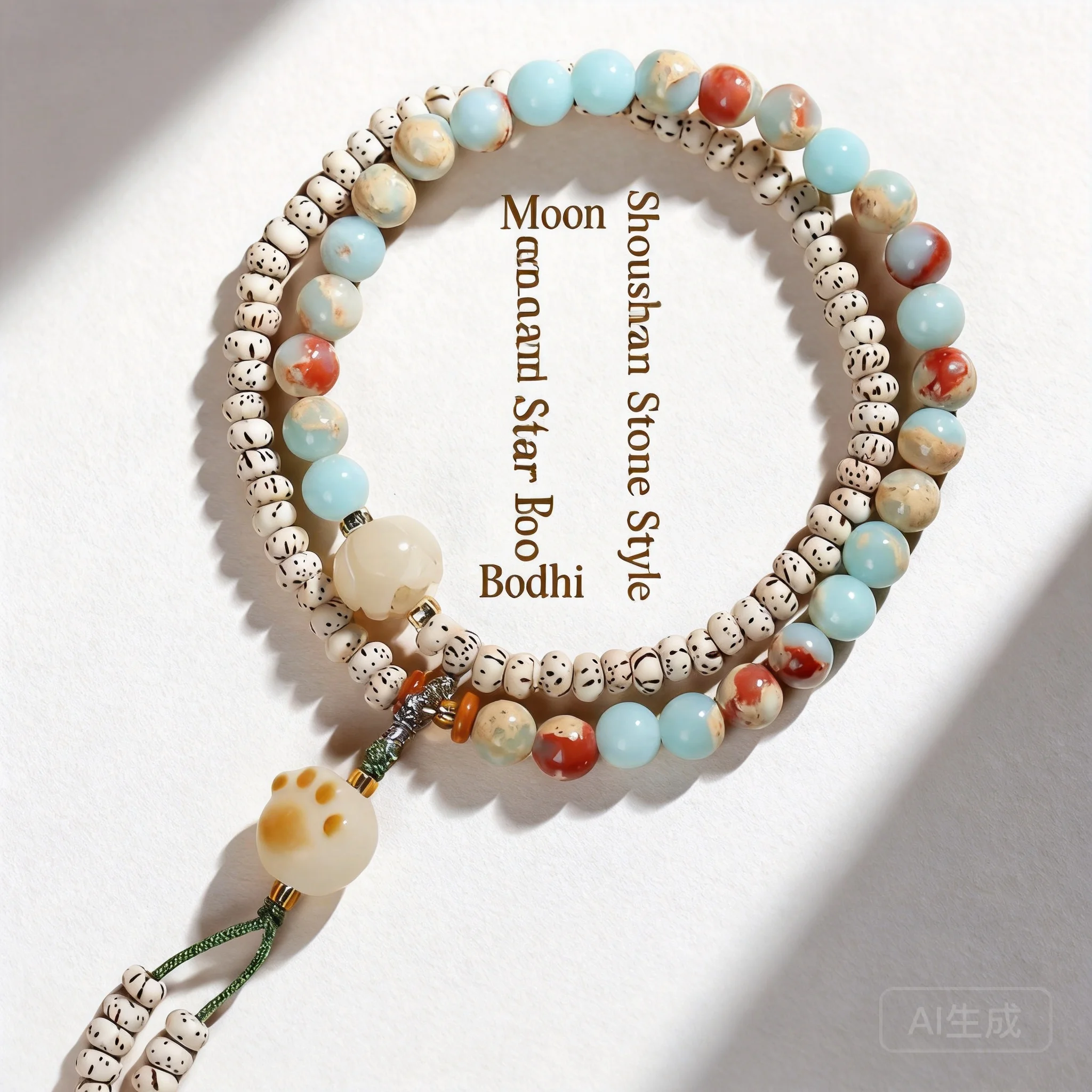 Damen-Doppelschicht-Armband mit Perlen, chinesischer Trend 2026, Gebetsschmuck, Stern-Mond-Bodhi-Shoushan-Stein-Katzenpfoten-Anhänger für den Alltag