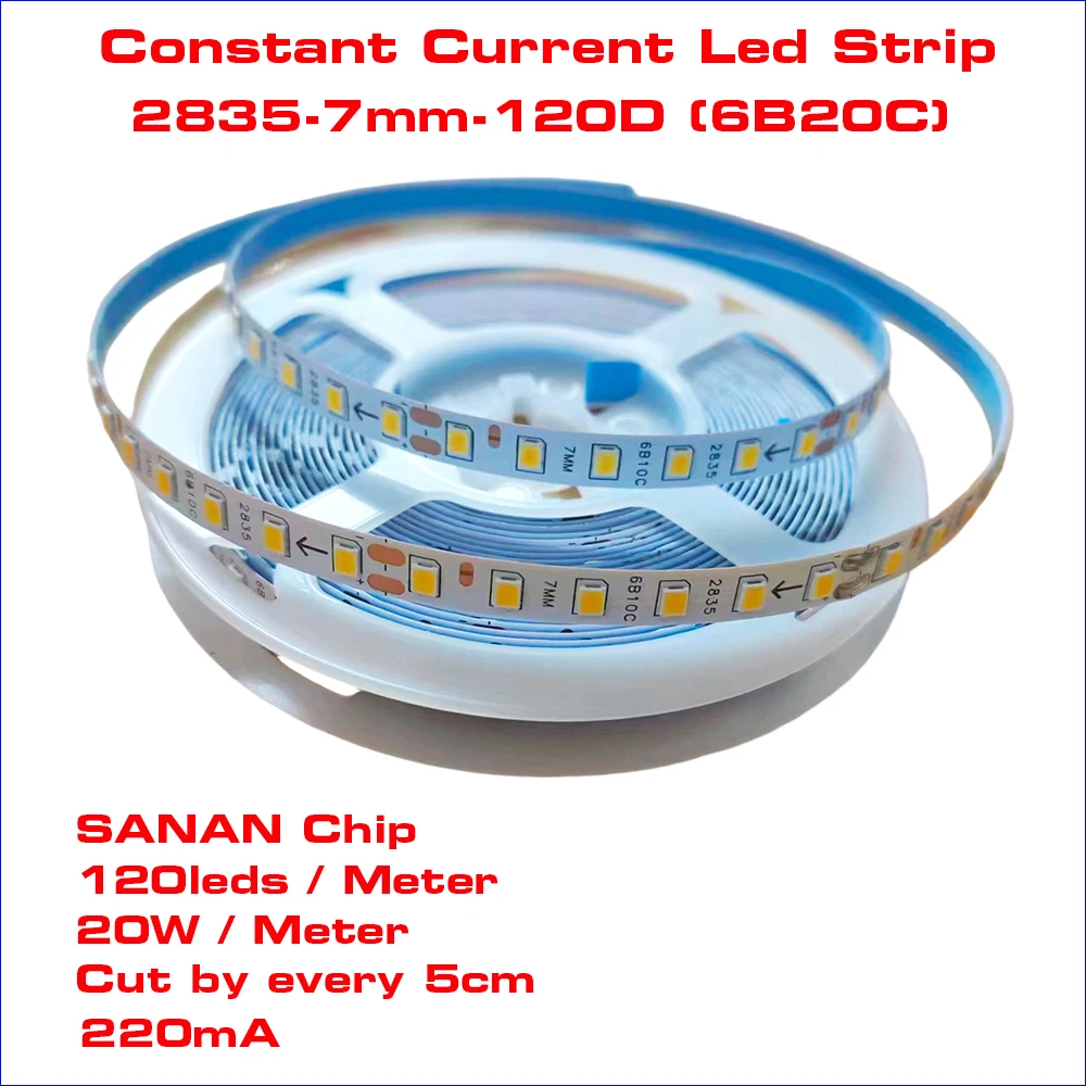 5M/10M/100M 2835-7mm-120D(6B10C) SANAN Chip Highlight LED Fexible Constant Current Light Strip With One Color 120LEDs 20W/M