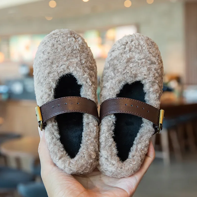 Kid\'s Autumn Winter Shearling Shoes Children Furry Warm Soft Fashionable Shoes Girls Toddler Cute Fleece Casual Plush Flat Shoes