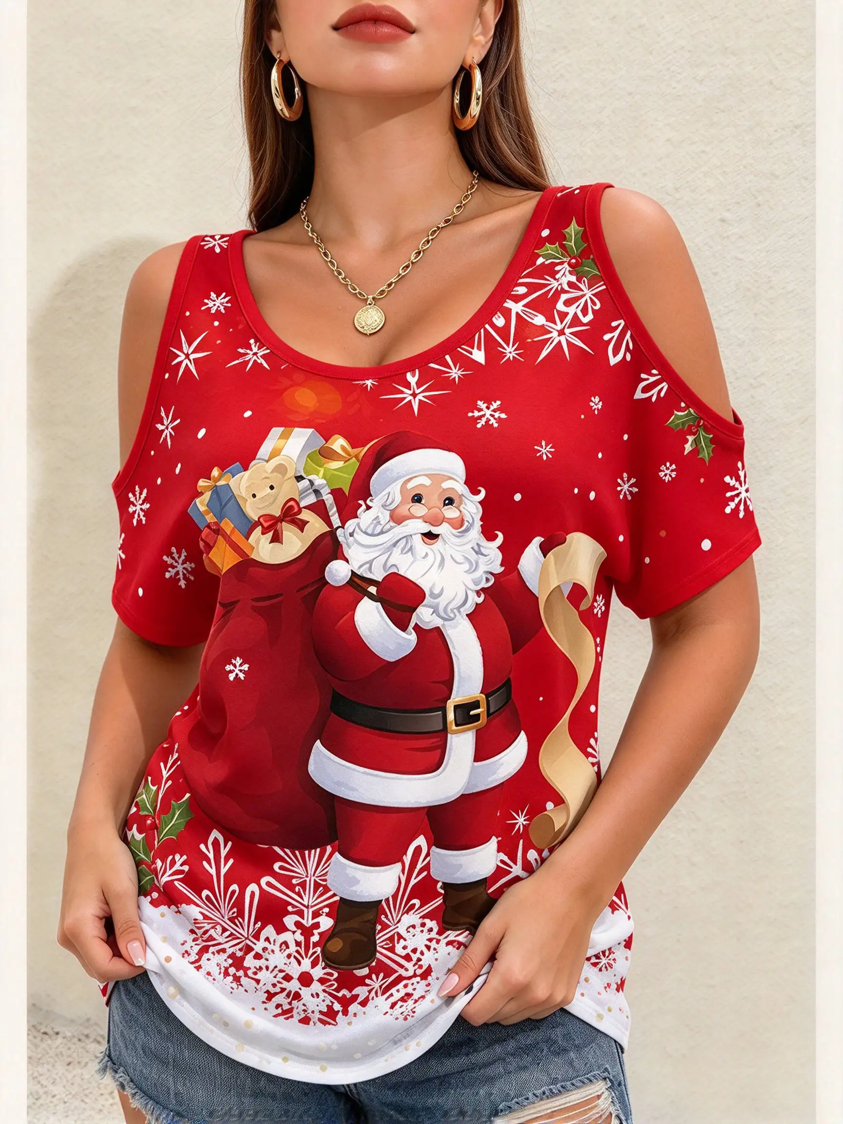 Cartoon Santa Claus Print Women's Cold Shoulder T-shirts Christmas New Year Loose Tops Fashion Short Sleeve Tees X'mas Clothing