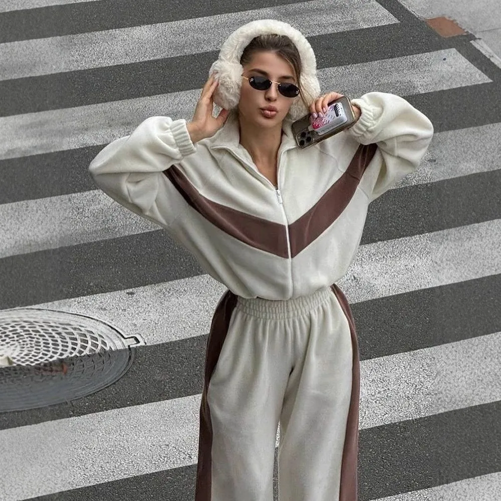 2025 Women's Casual Sport Trousers 2 Piece Set Loose And Fashion Zipper Cardigan Color-blocked Skinny Long Pants Female