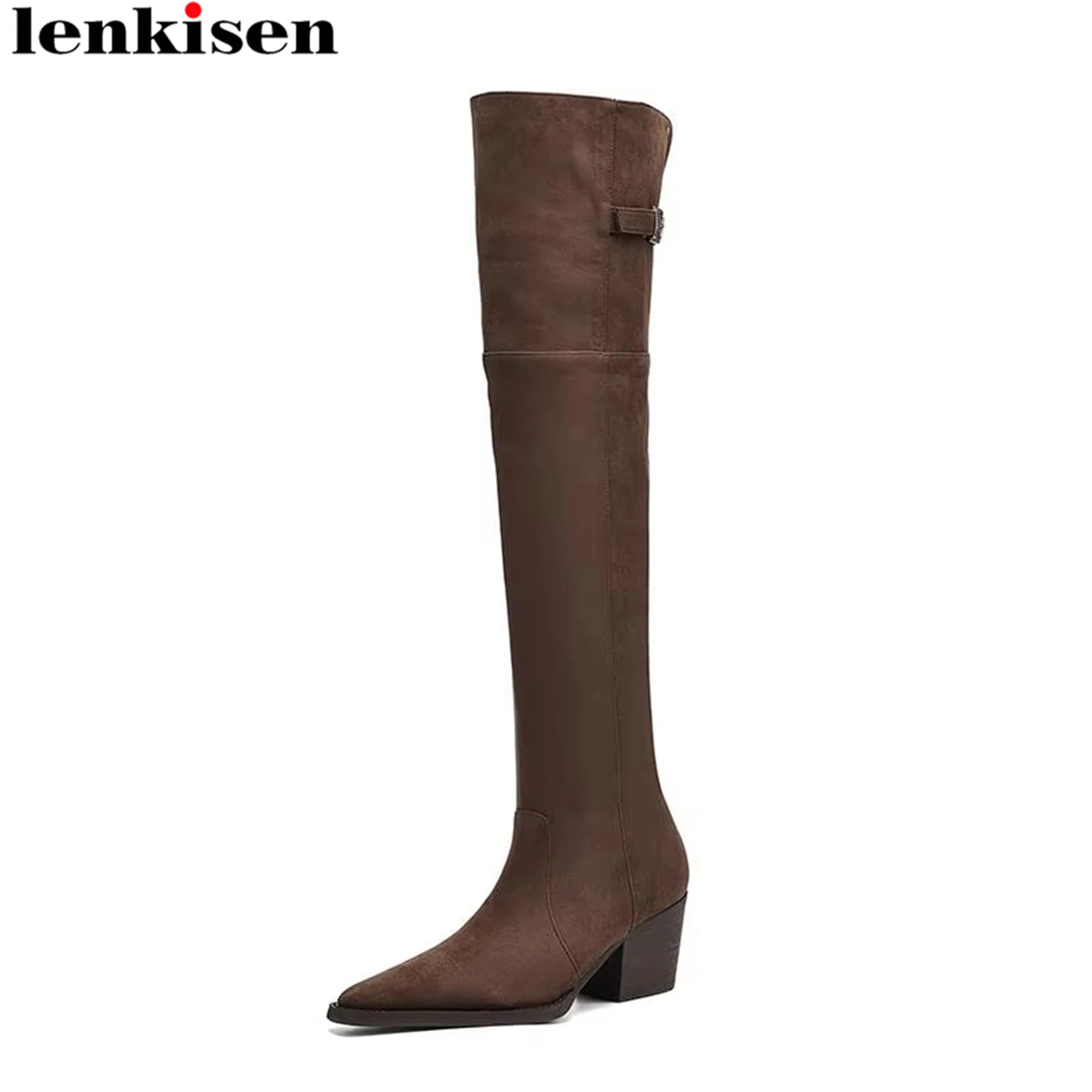 Lenkisen Flock Pointed Toe Thick Heels Riding Boots Warm Winter Shoes Dating Office Lady Street Wear Retro Women Knee-high Boots