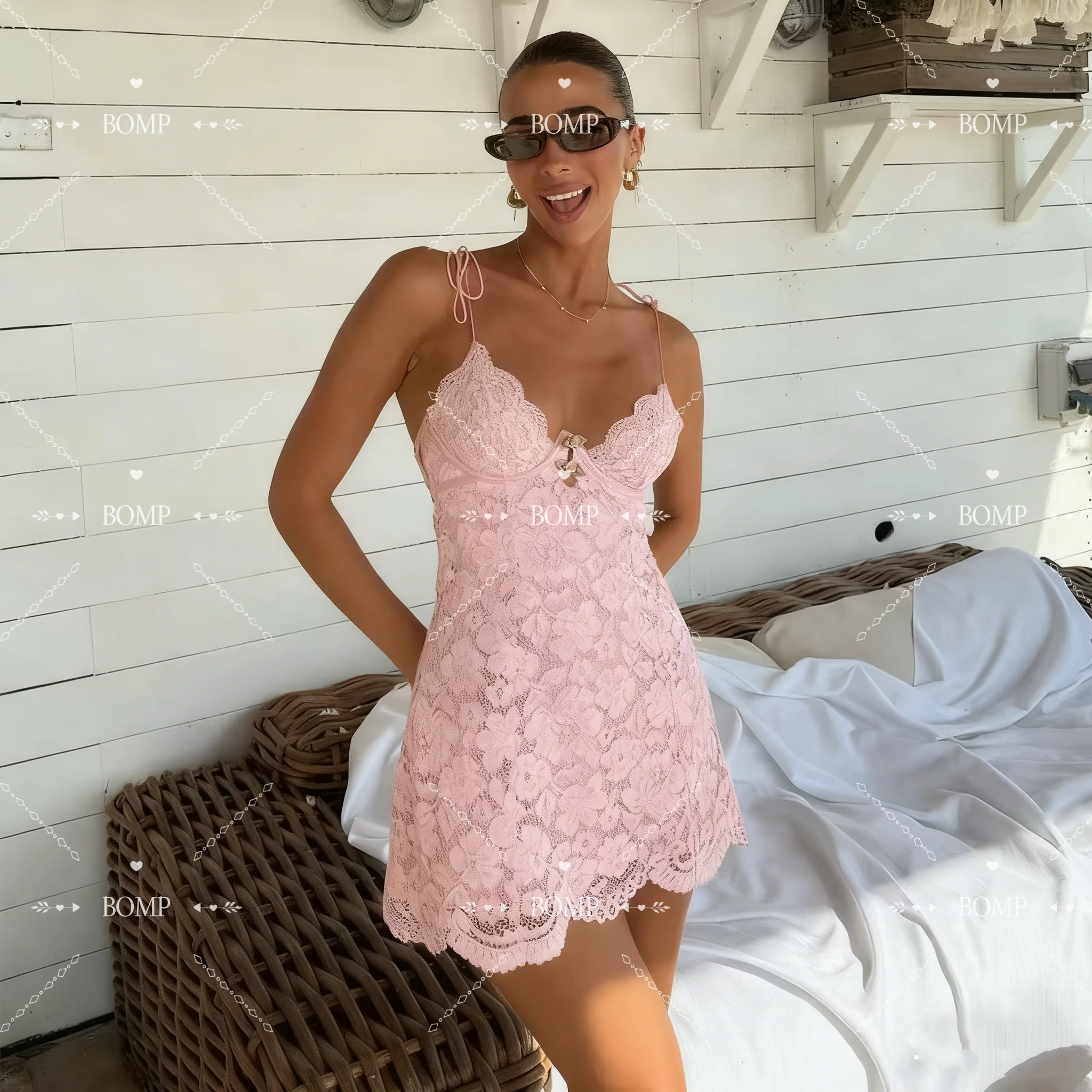 BOMP Mini Abiti da ballo in pizzo Spaghetti Sweetheart Abito da ritorno a casa Sexy Back Robe Des Cocktail Party Club Abiti personalizzati 2026