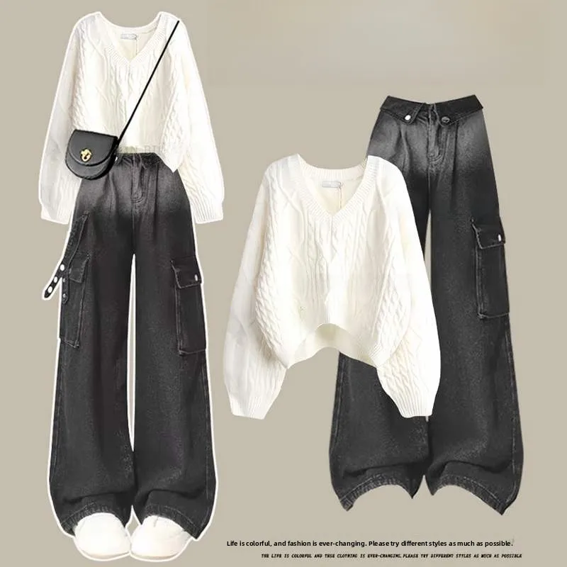 

Осенний джинсовый комплект больших размеров, трикотажный свитер для похудения, широкая рабочая одежда, брюки, комплект из двух предметов, модный комплект для поездок на работу