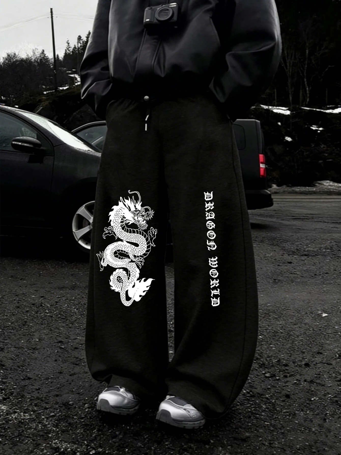 Men Baggy Sweatpants, Oriental Dragon Graphic & Vertical Gothic Old‑English 