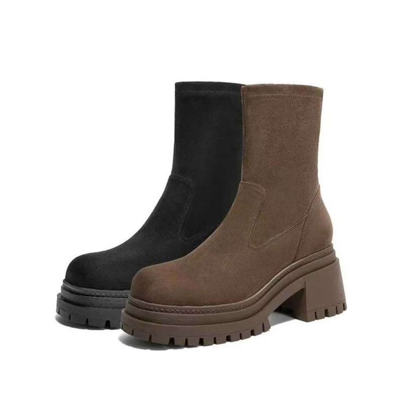 

Женские ботильоны, пикантные замшевые туфли на высоком каблуке, массивные туфли, зима 2025, прогулочные туфли, модельные ботинки челси, новый тренд, гот, Mujer Botas