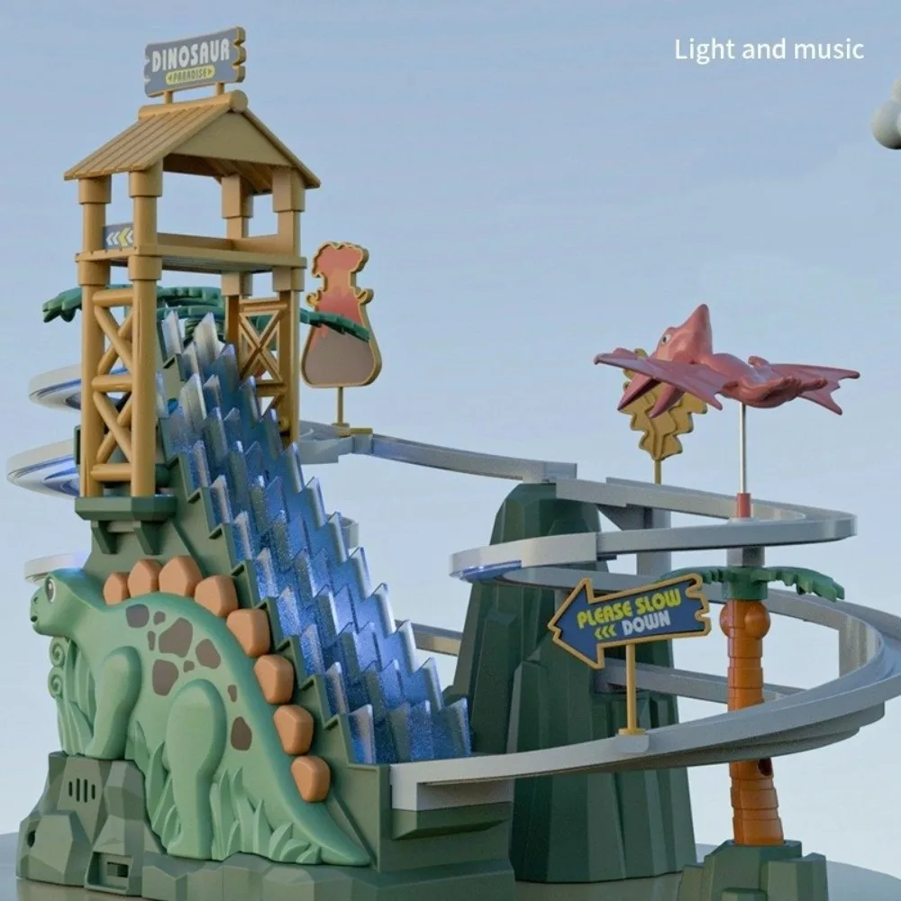 met lichte muziek elektrische dinosaurus racebaan cartoon dinosaurus dubbel spoor dinosaurus klimglijbaan trap kind cadeau