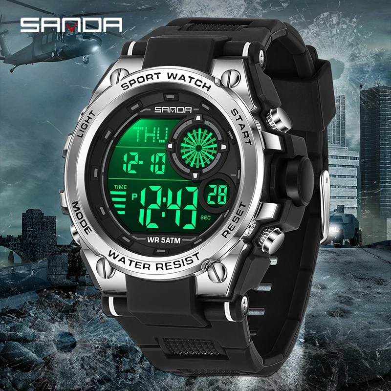 SANDA Nuovo orologio da uomo di lusso di fascia alta Movimento elettronico Conto alla rovescia Impermeabile Luce notturna Orologio multifunzionale per giovani studenti