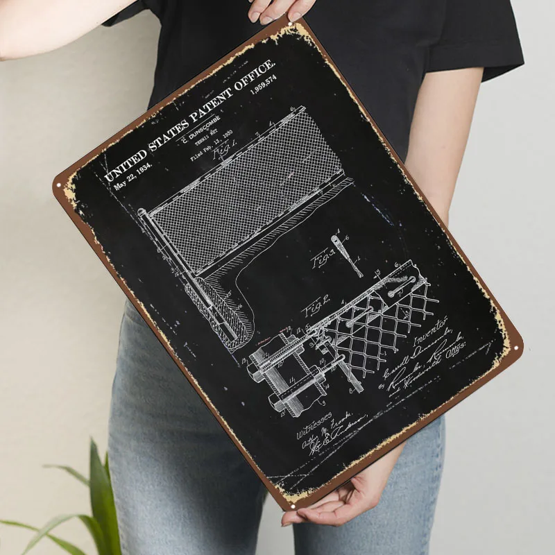 شبكة التنس براءة اختراع 1934 مخطط ملصق صفيح تسجيل لوحة معدنية عتيقة علامات معدنية مخصصة للرجل الكهف جدار الفن الديكور