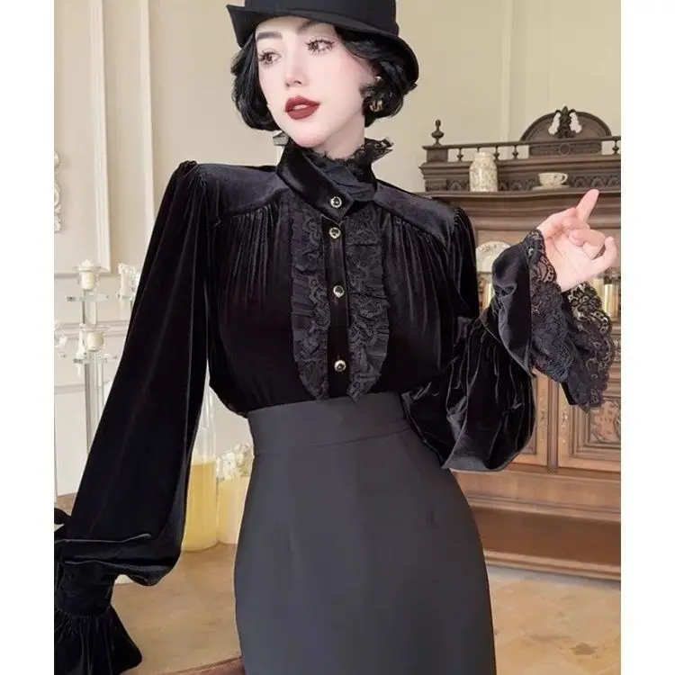 

Autumn Velvet Button Bow Stitching Elegant Cardigan All-match Shirt Black Ruffled Lace Trumpet Sleeve Shirt for Women