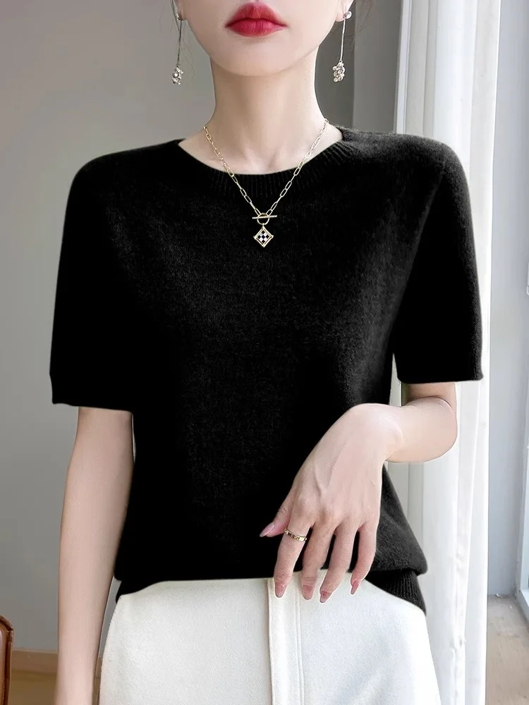 Solto ajuste redondo ne ort sve malhas feminino fino verão camiseta casual sle lã mistura interior wear topo