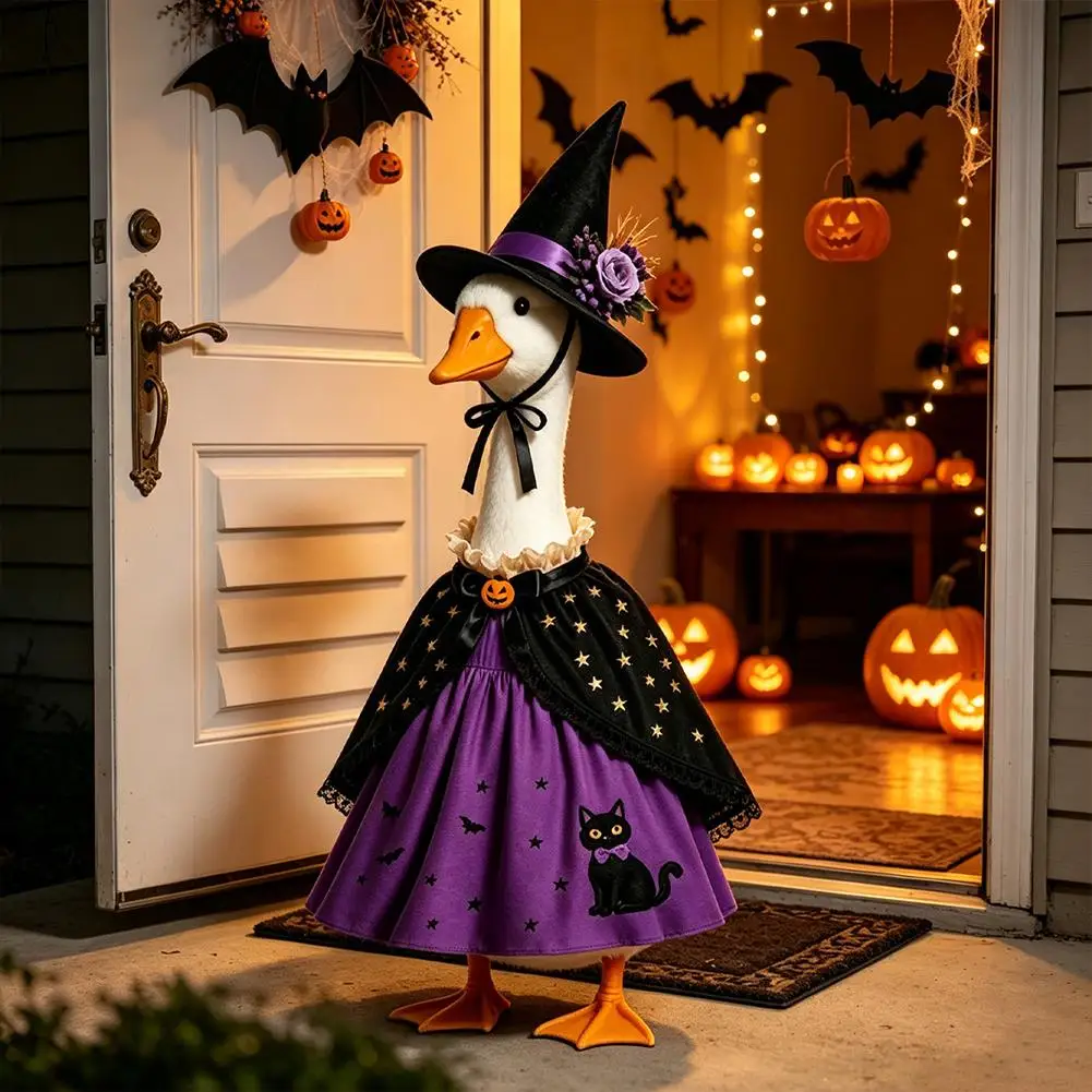 New Halloween Porch Desk Goose Costume Set 23 Inch Gardener Pumpkin Witch Outfit with Hat Cape Garden Outdoor Statue Decor