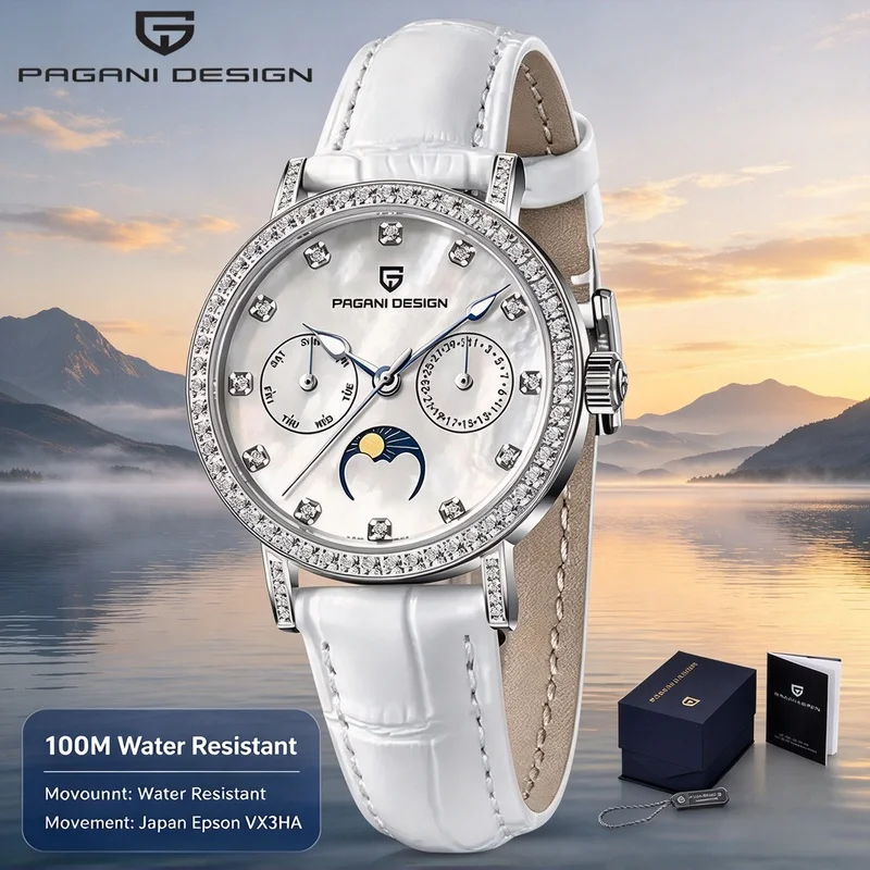 Waterproof Ladies Quartz Watch PAGANI DESIGN Small Second Sapphire Crystal Moon Phase Calendar Multi-Function Wrist Clock