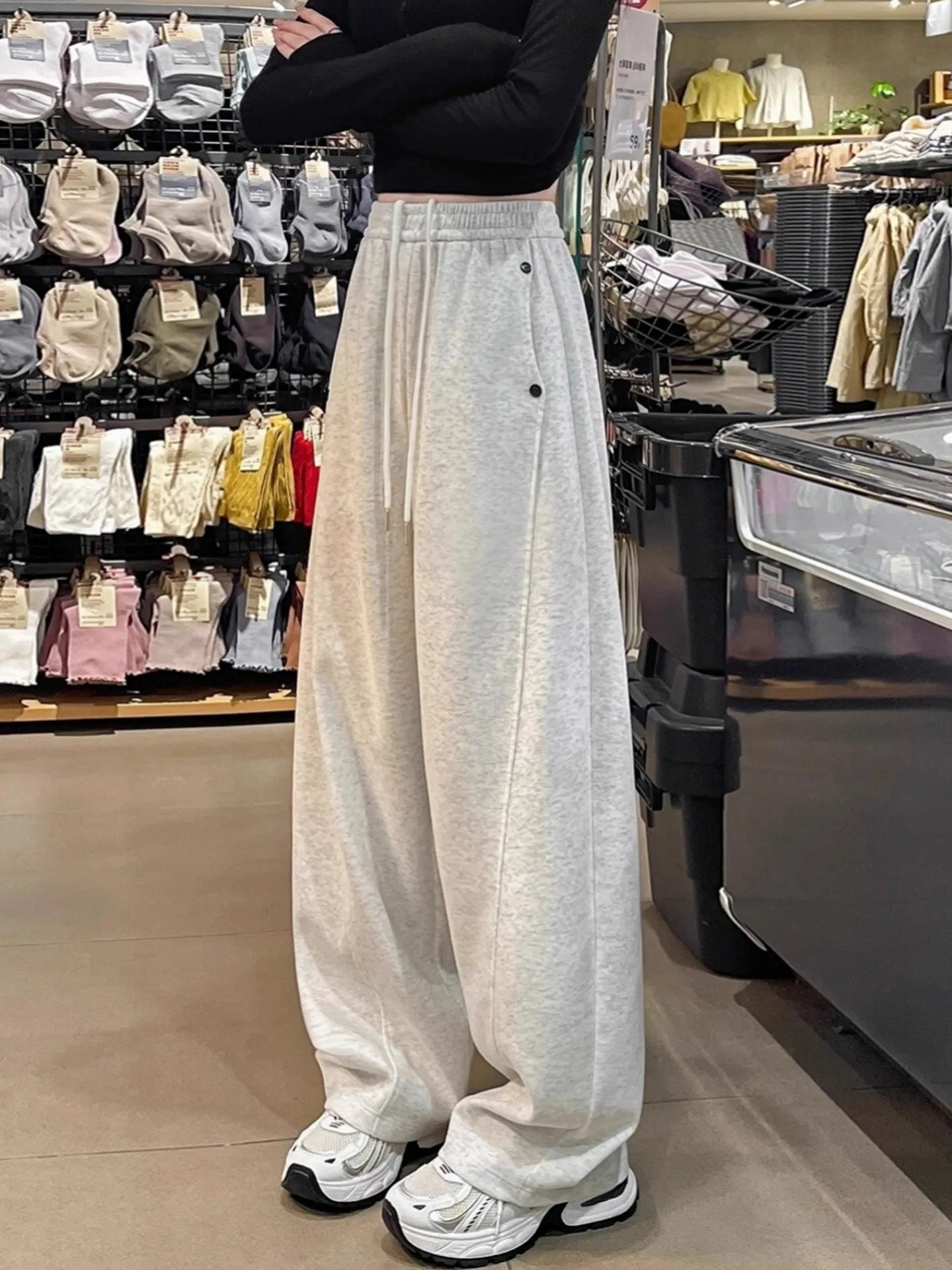 Pantaloni Sportivi da Donna a Gamba Larga con Fodera, Vestibilità Comoda, Slim Fit, Casual, Vita Alta Elastica, Stile Coreano