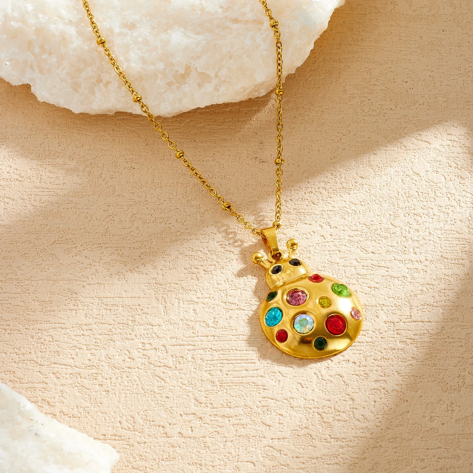 Stainless Steel Colorful Cubic Zirconia Ladybird Pendant Necklace For Women Trend Neck Chain Fashion Jewelry Gift