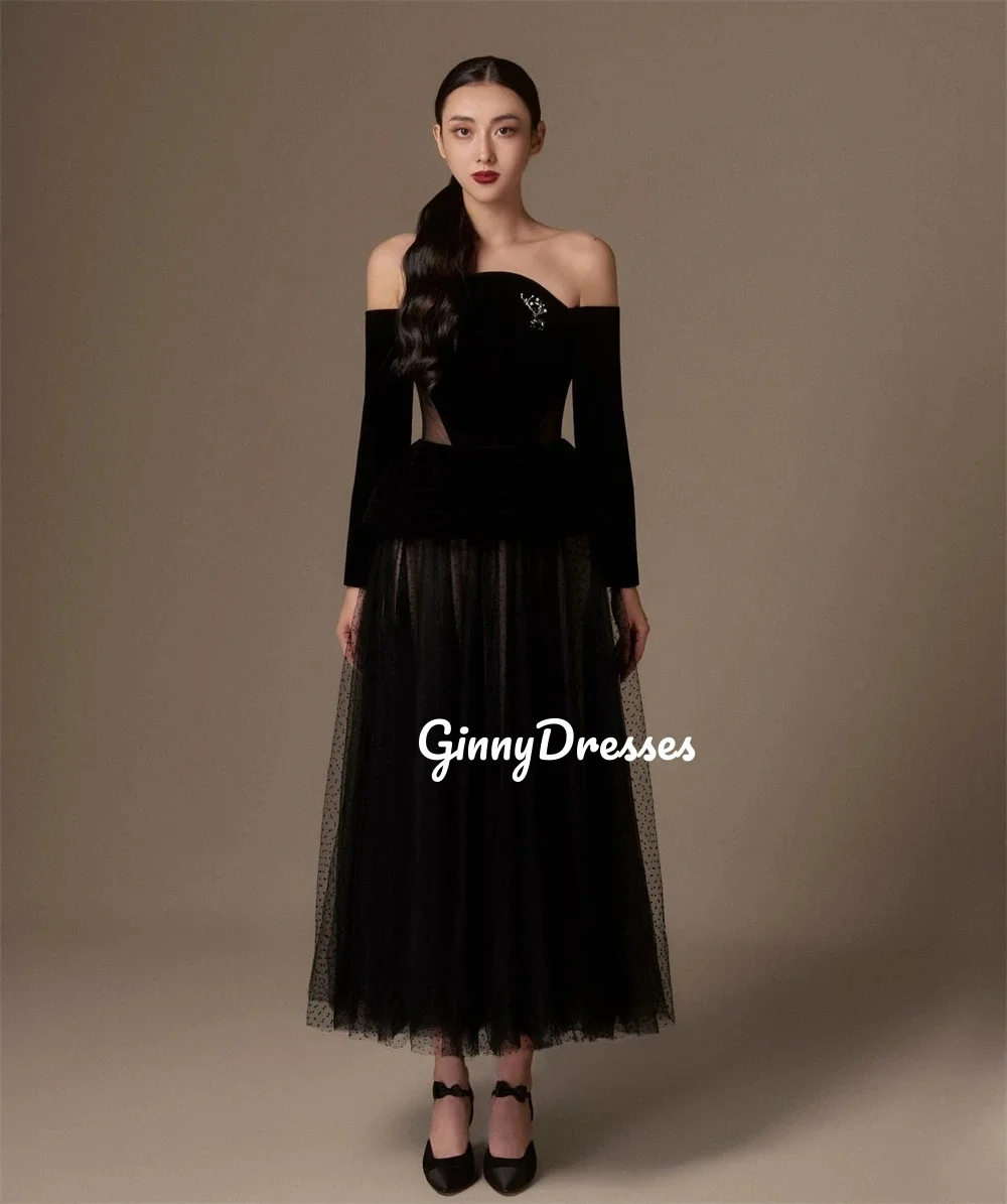 

Customized Evening Dress A-Line Strapless Ankle-Length Prom Dresses Bow Tulle Zipper Up Long Sleeves Lining Party Dresses Vestid