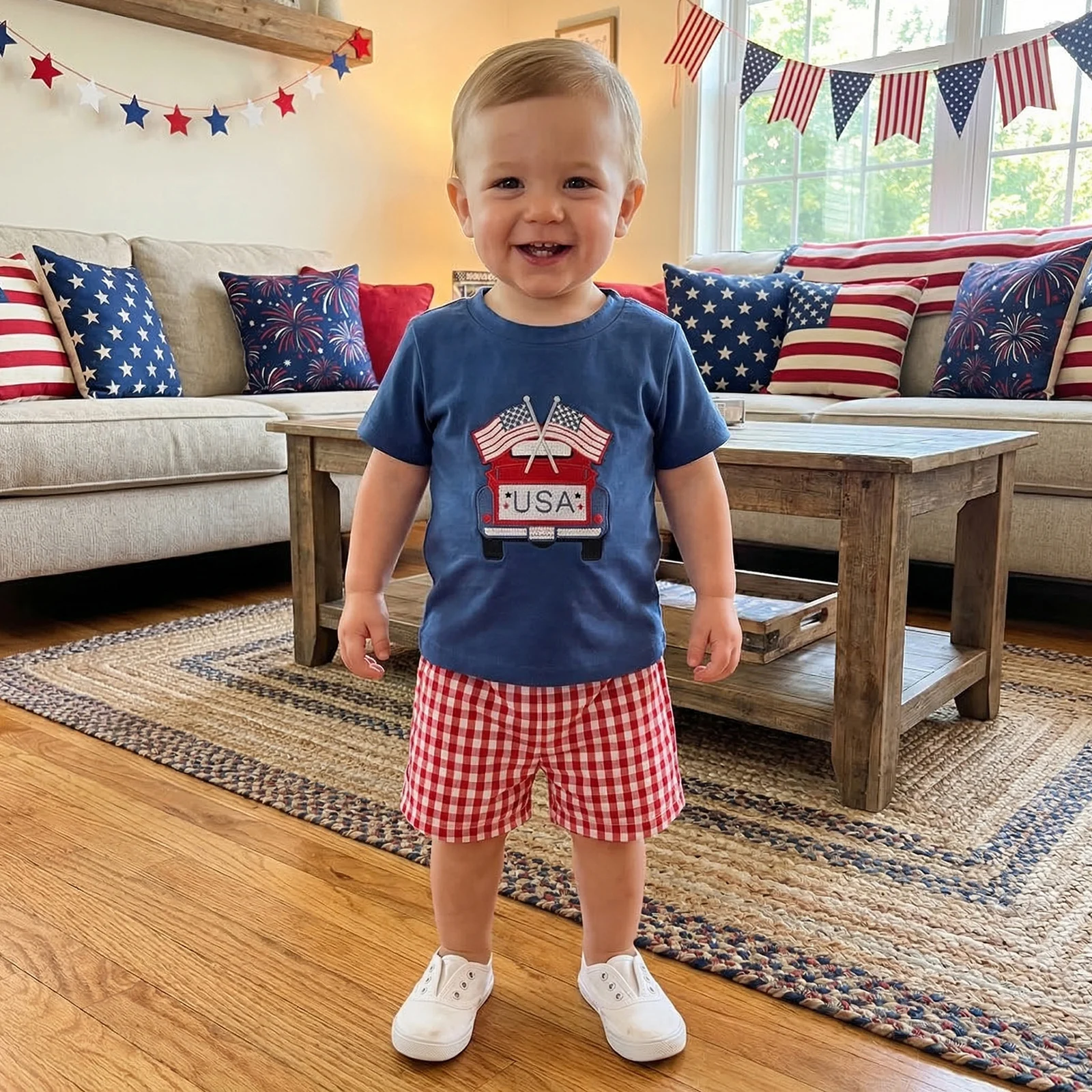 Toddler Boy Outfit Independence Day Short Sleeve Crew Neck America Flag Truck Embroidery Tops and Plaid Shorts Set