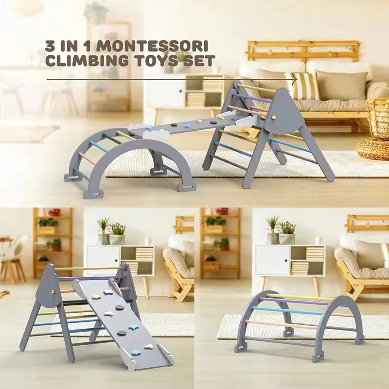 Indoor wooden pickpocket triangle children climbing triangle with ramp slide walker climbing frame with ramp set