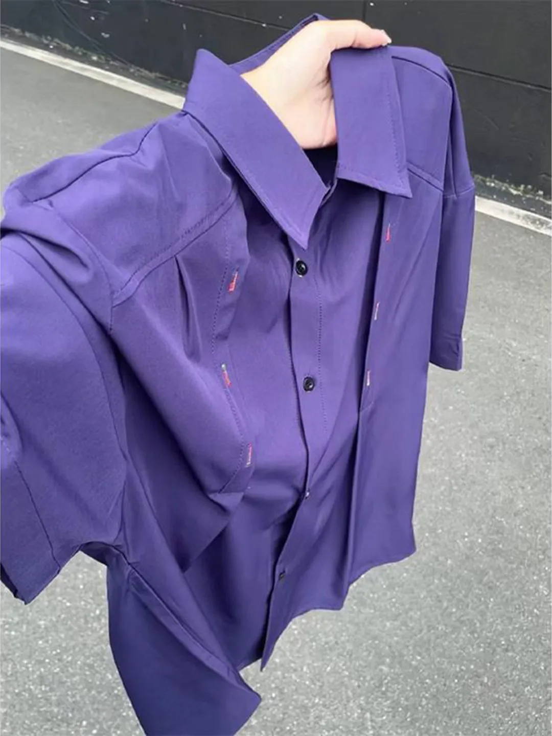 Purple Deconstructed Embroidered Ice Silk Short Sleeve Men's Shirt Summer High-End Feel Half Sleeve Jacket Splice Design Shirt