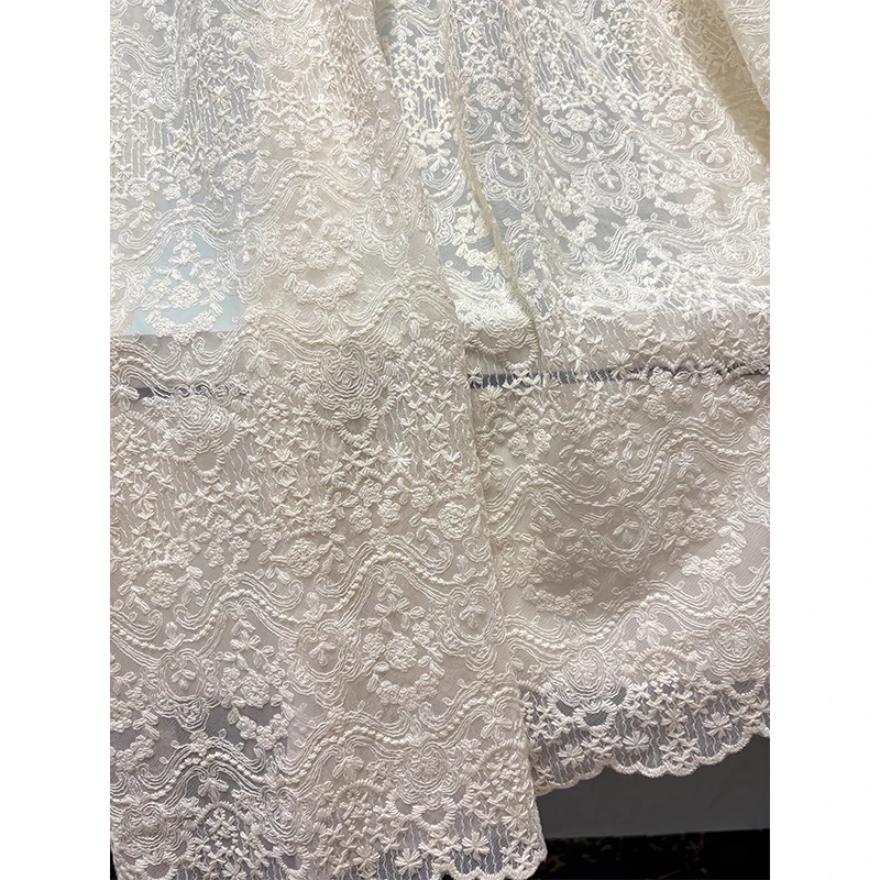 Ivory Beige Embroidered Mesh Tulle Lace Fabric With Tiny Daisy Flowers And Stripes for Apparel Sewing Fabric Curtain Decorative