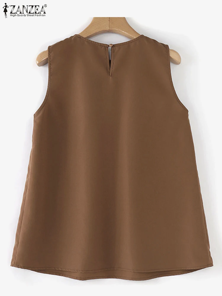 ZANZEA-Chaleco coreano liso para mujer, blusa holgada plisada sin mangas, informal, con cuello redondo, para vacaciones, 2024