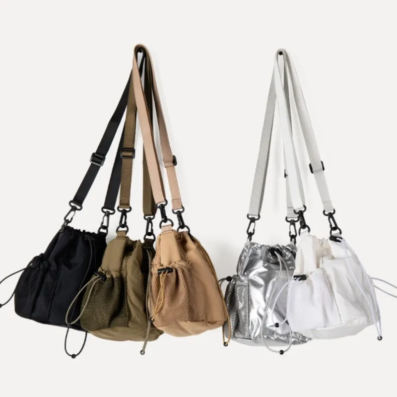 Bolsas de ombro de nylon com cordão para mulheres, bolsa tiracolo, moda coreana, casual, bolsa de balde leve, verão, nova, 2024