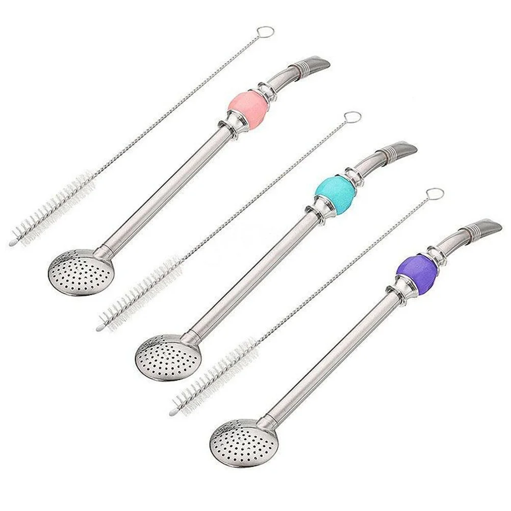 

1 Set Stainless Steel Bombilla Straw Removable Filter Head Cleaning Brush For Yerba Mate Loose Leaf Tea Ground Coffee Kitchen
