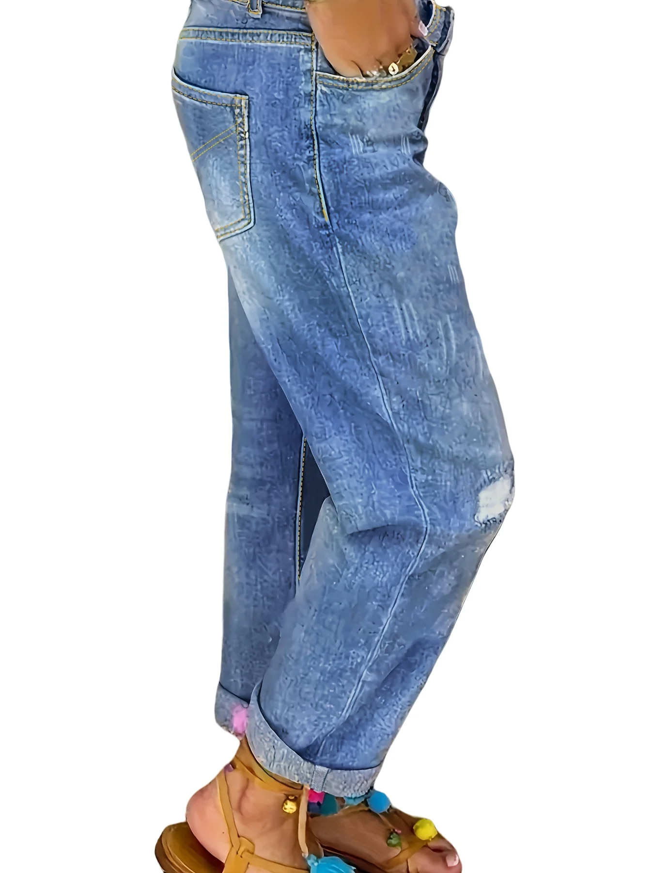 Jeans femininos plus size elásticos de cintura alta com vários botões, jeans desgastados, estilo rua
