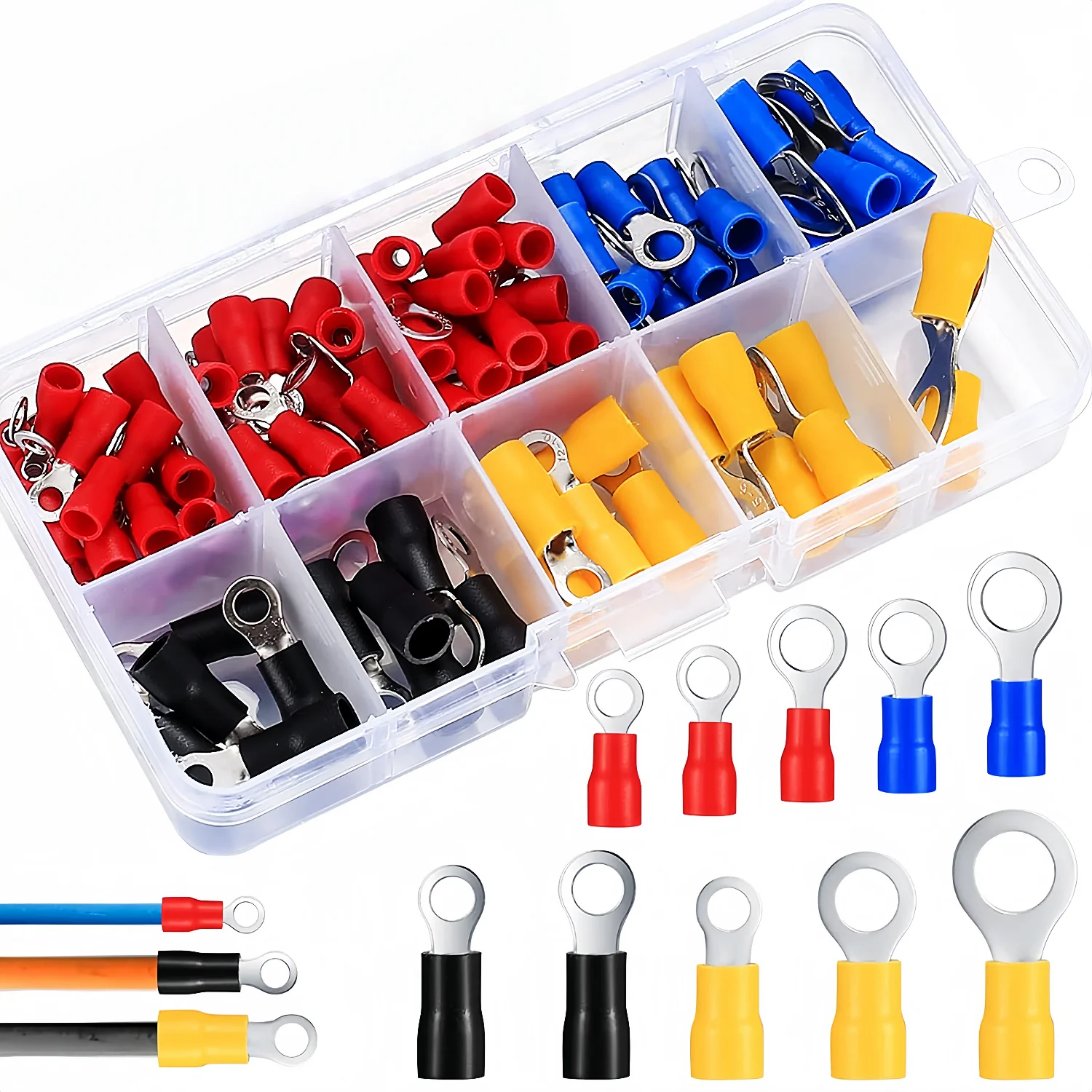88/108Pcs Insulated Ring Terminals 22-10AWG (0.5-6mm²) M3 M4 M6 M8 PVC Flame Retardant for Auto/Home/Electrical Wiring Connector