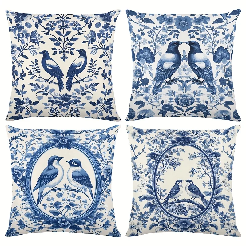 Blue and White Bird Toile Floral Cushion Cover 40x40cm Throw Pillow Case Vintage Cottage Style Home Decor