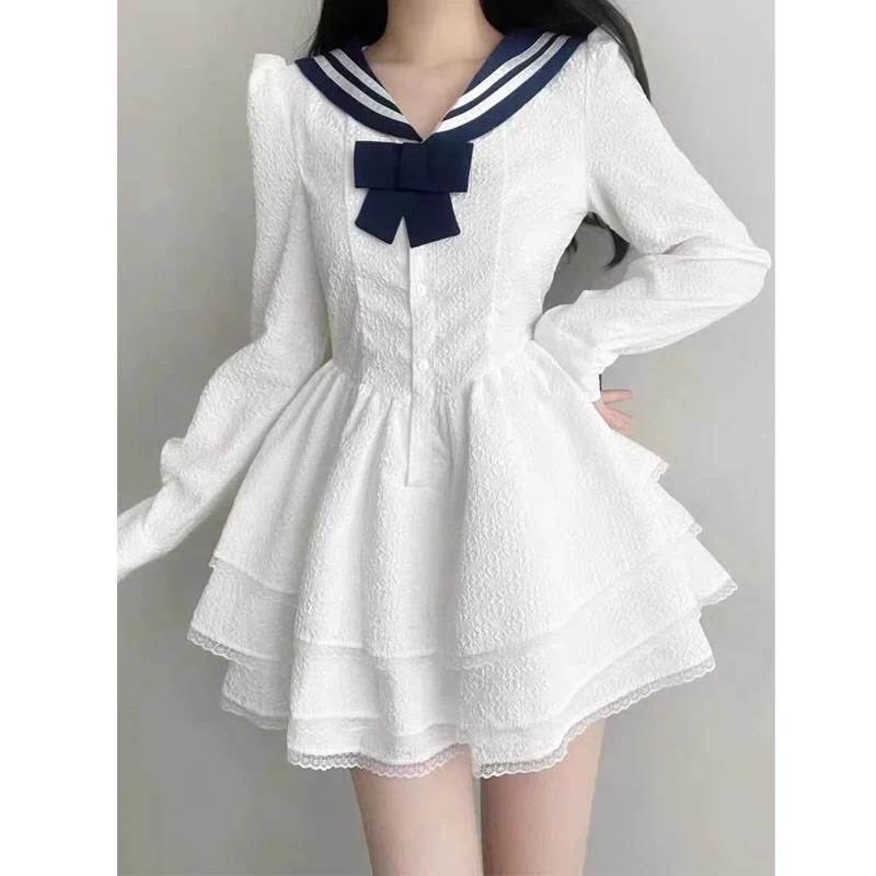 Women Stylish Sweet Preppy Style Sailor Collar Bow Fairy Mini Dress Y2K Lace Patchwork High Waist Long Sleeve Slim White Dresses