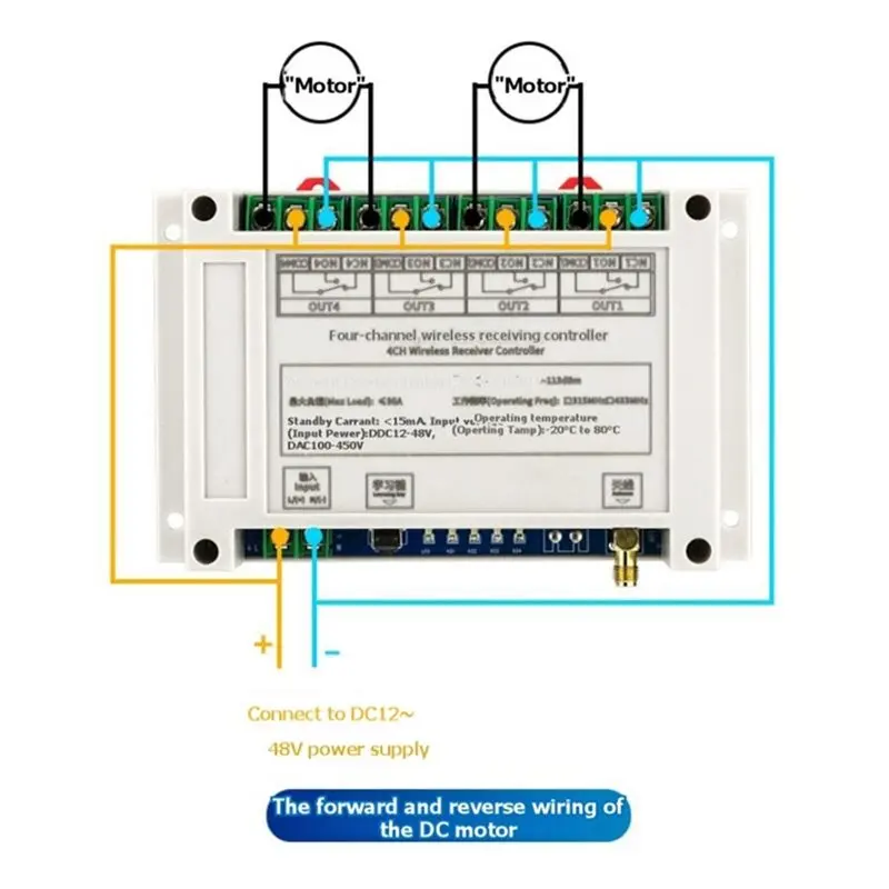 AA08-DC12V-48V 4CH 30A Wireless Remote Control Relay+ 2X433mhz Lifting Equipment Switch For Elevator Systems