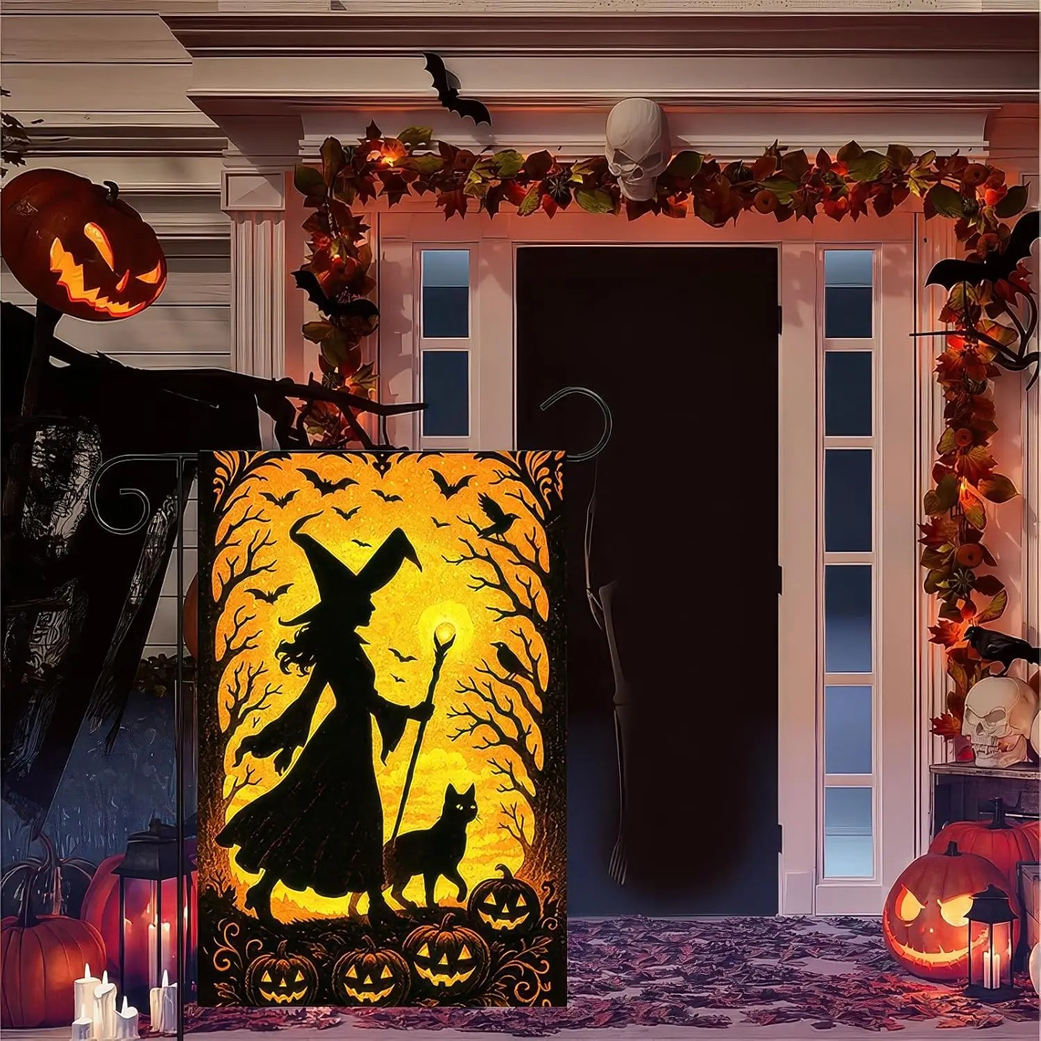 Halloween Garden Flag 12x18 Inch Double Sided Witch Cat Flags Pumpkin Spooky Tree Bat Banner Glowing Moon Small Yard Flag fo SSL