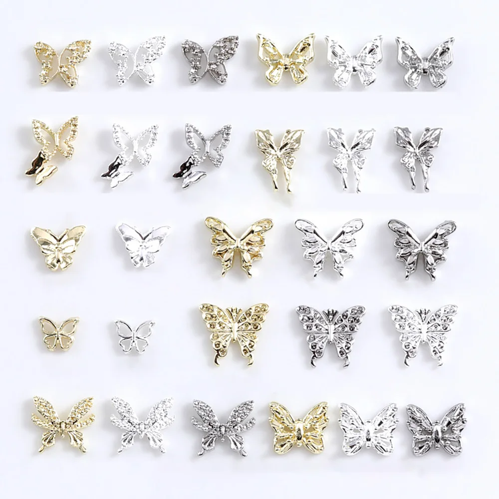 10pcs Butterfly Alloy Nail Charms Jewelry 3D Gold Silver Crystal Rhinestone Nail Art Decora DIY Fashion Diamond Nail Sequins D28