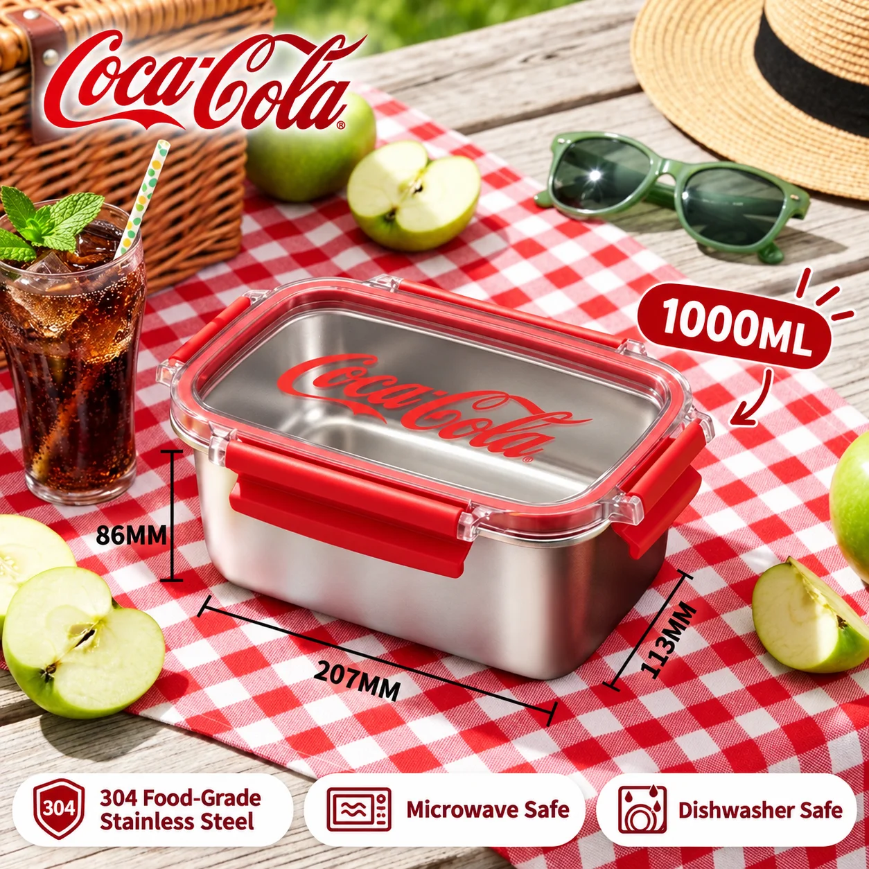 Coca Cola 304 roestvrijstalen lunchbox, lekvrij, makkelijk schoon te maken, draagbare bentobox voor kantoor, school, picknick, kamperen, kerstcadeaus