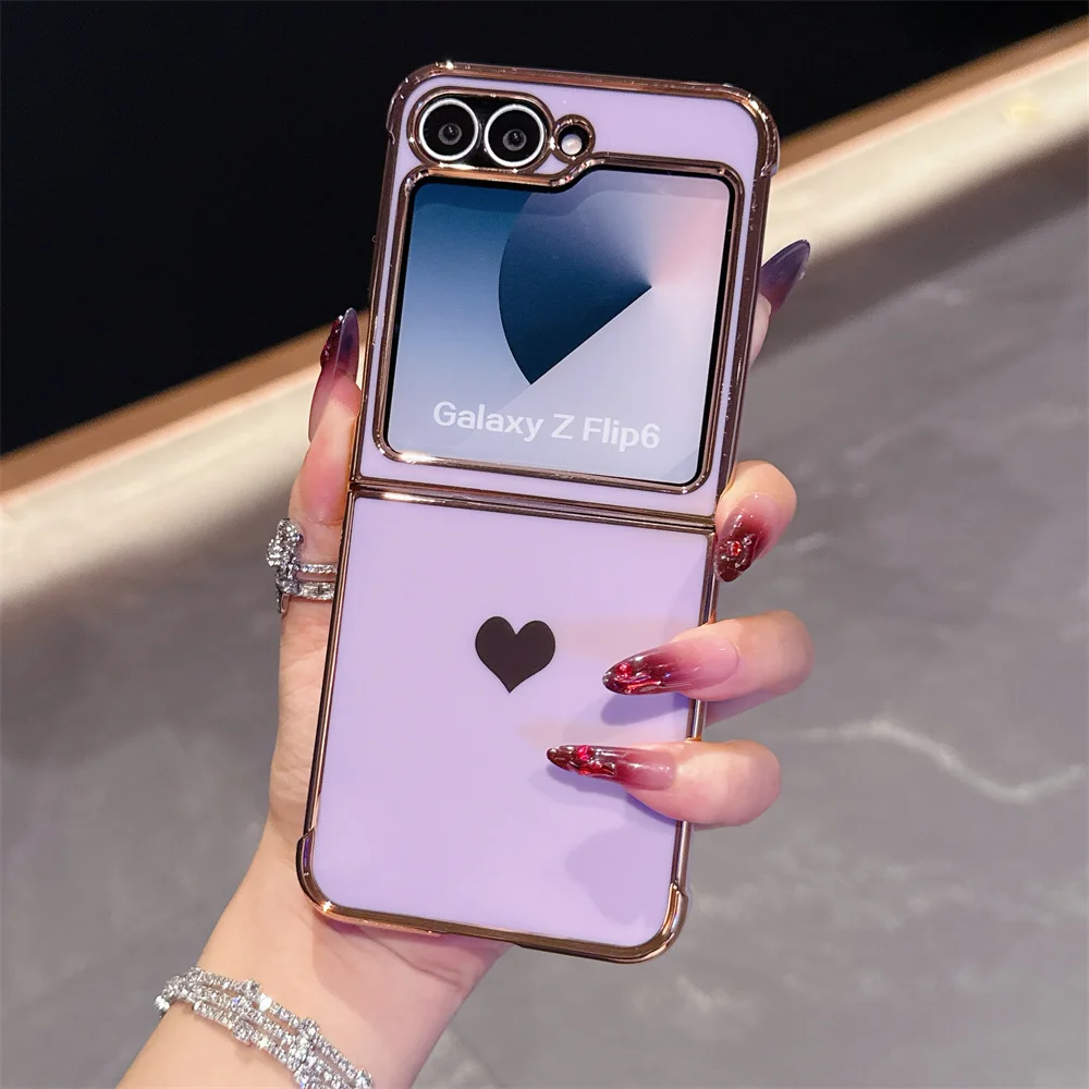 Fold Electroplated Simple Love Heart Soft Case for Samsung Galaxy Z Flip 6 7 FE Flip 5 Airbag Bumper Glossy TPU Cover Lady