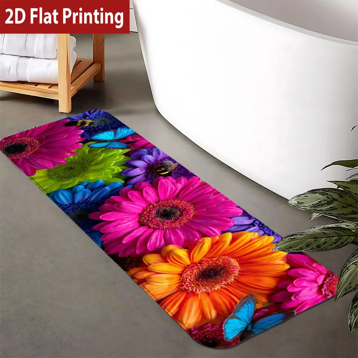 Bright Rainbow Gerbera Daisy Runner Mat Anti Slip Water Absorbent Rug Floral Insect Decor Carpet Bedroom Bedside Kitchen Sink
