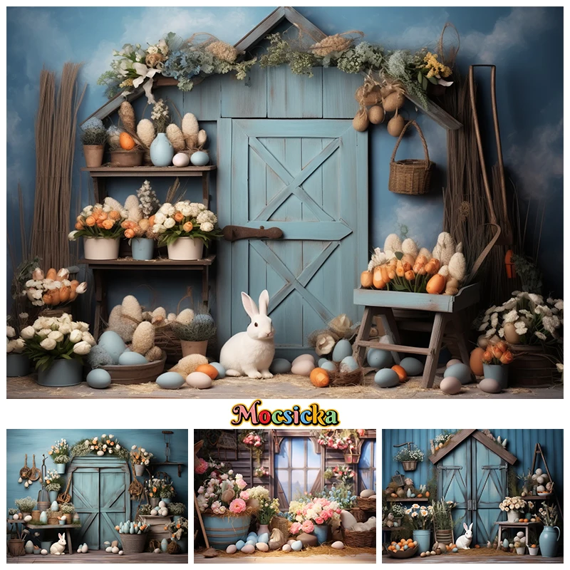 Spring Easter Backdrop For Photography Flower House Door Egg Rabbit Children Birthday Baby Shower Background Decor Photo Studio